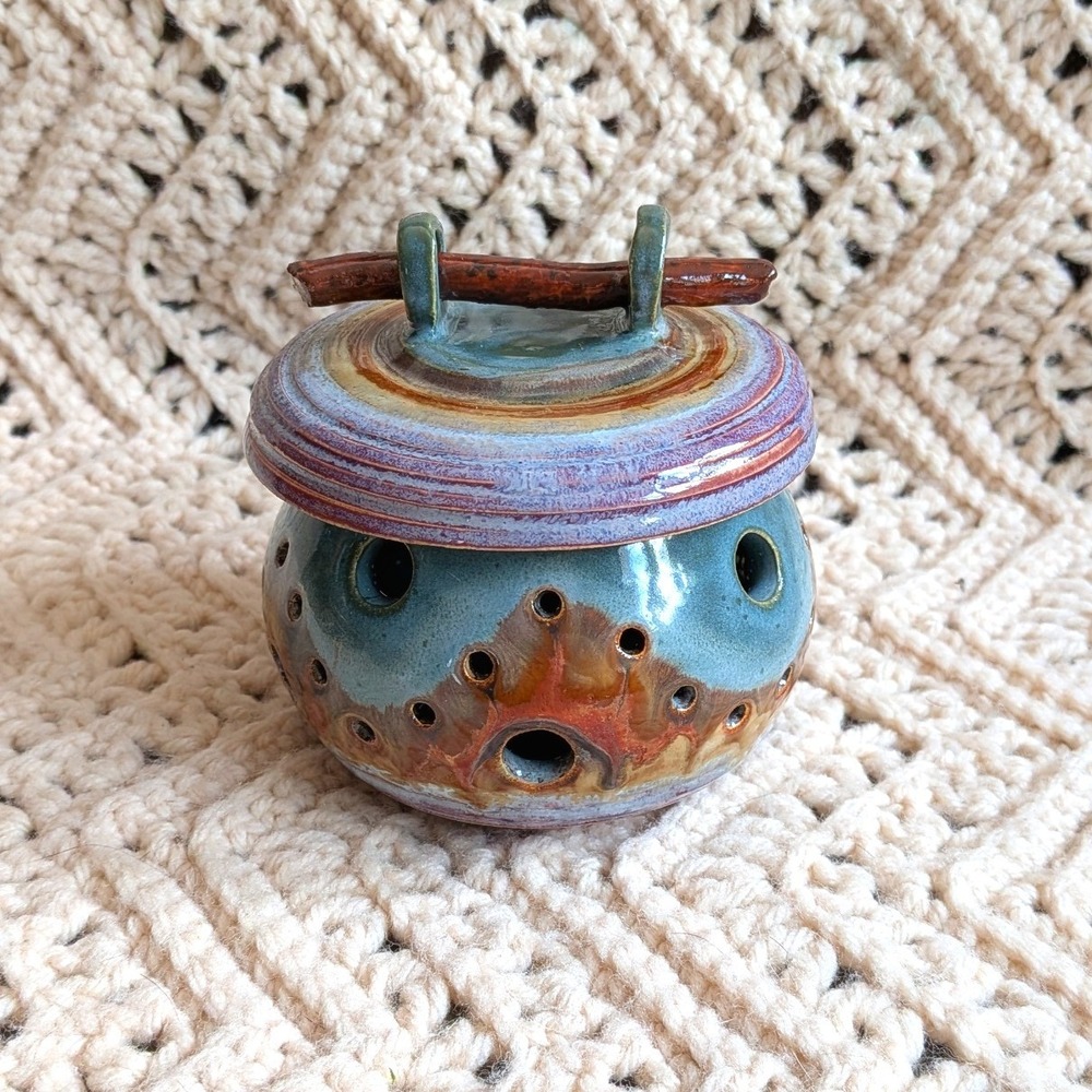 Studio Pottery Garlic Keeper Lidded Jar Blue Purple Glaze Twig Handle Handmade